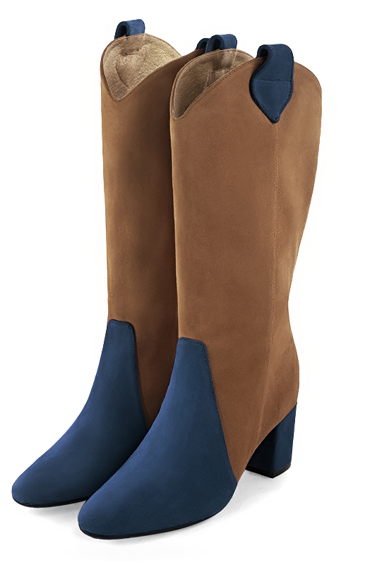 Navy blue and caramel brown women's mid-calf boots. Round toe. Medium block heels. Made to measure. Front view - Florence KOOIJMAN